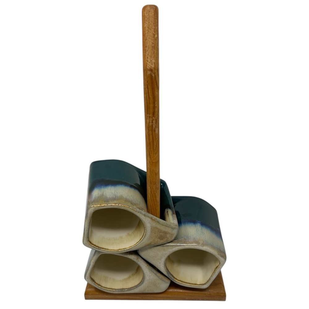 Rodolfo Padilla Green Drip Glazed 3 Piece Coffee Mug Set with Wood Stand